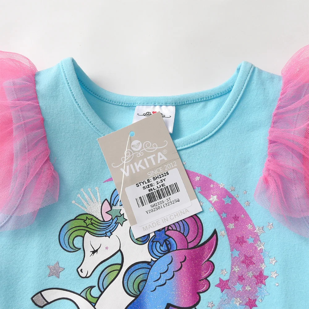 VIKITA Kleinkinder-Kleid mit Einhorn-Stern-Print, bunt, Regenbogen, Rüschenärmel, Geburtstagsfeier, Prinzessinnenparty, Freizeitkostüme – Detail 3