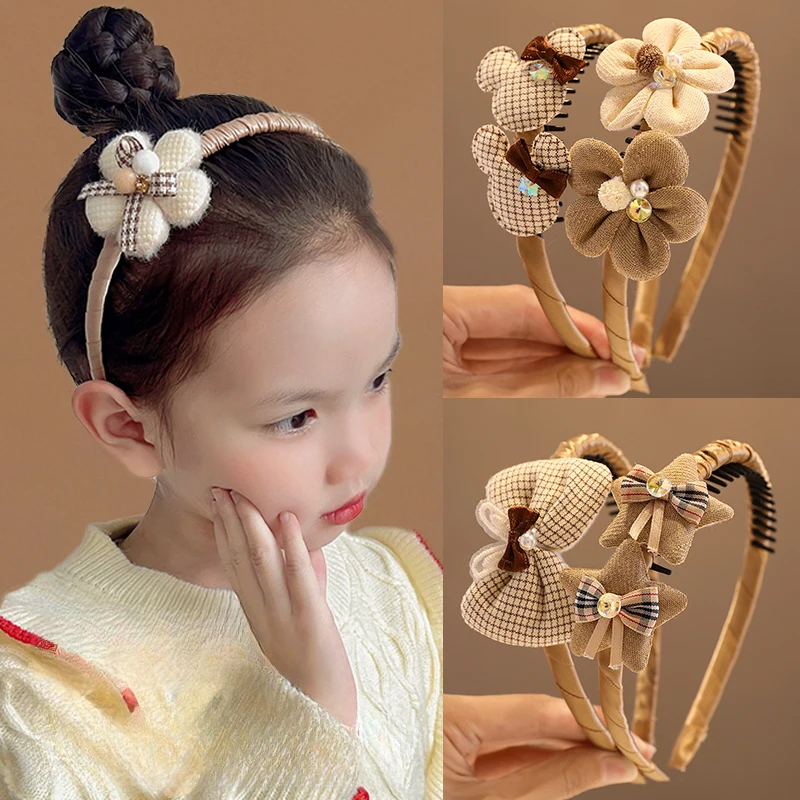 Girls Cute Coffee Color Cartoon Flower Bow Ornament Headbands Headwear Children Lovely Hair Hoop Hairbands Kids Hair Accessories