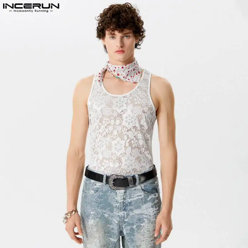 INCERUN Men\'s Tank Tops Lace O-neck Sleeveless Sexy Streetwear Male Vests Summer Transparent 2024 Fitness Fashion Men Clothing