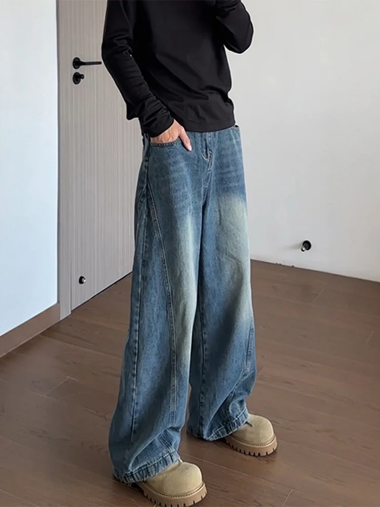 

American Sle Vintage Blue Wide Leg Men's Jeans Loose Casual Pants Spring Season Straight Tube Long Trousers