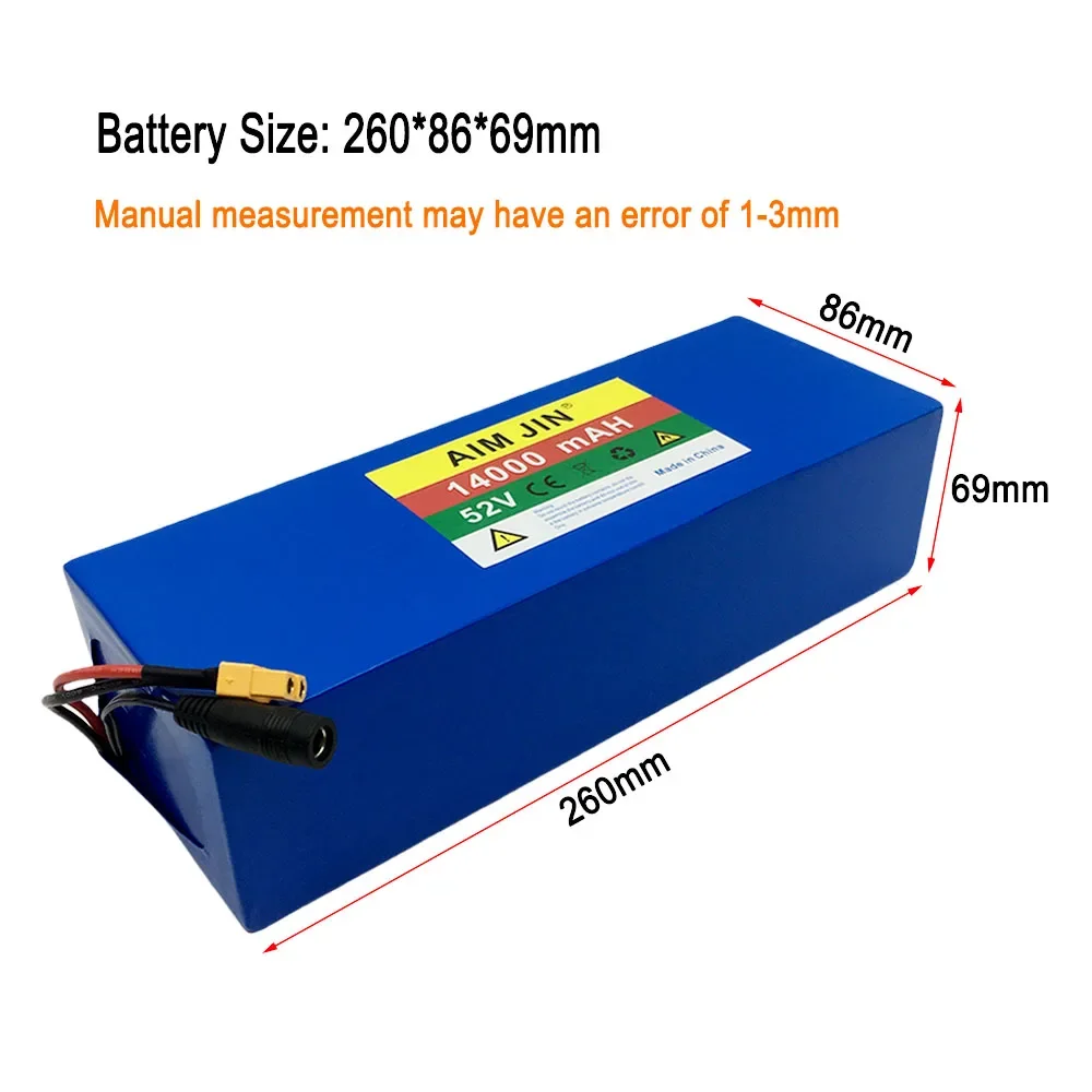 14S4P 52V Rechargeable Li-ion Battery Pack 18650 14AH High Capacity for 1500W Electric Bike Scooter Balance Car Toy Built-in BMS