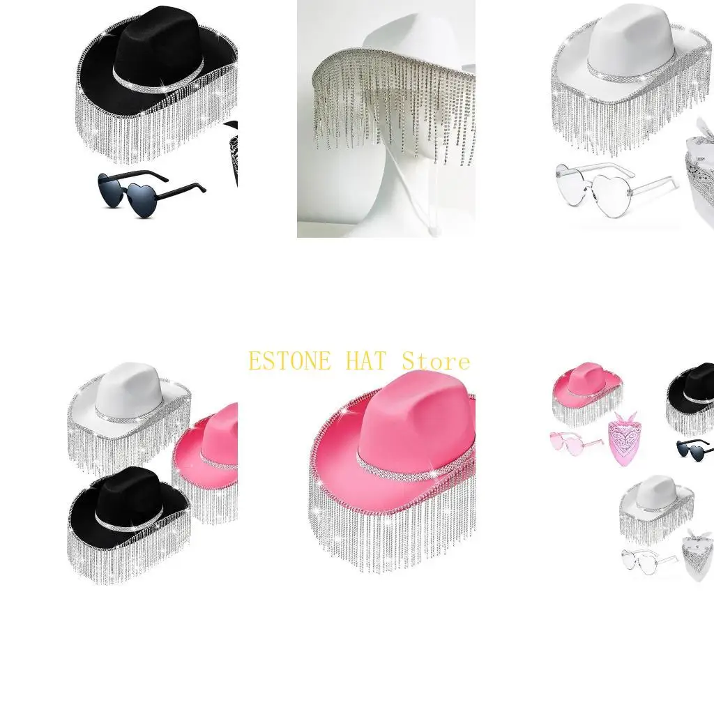 49MF 3pc/set Glitter Cowboy Hat+Heart Sunglasses+Kerchief Wedding Sunproof Hat