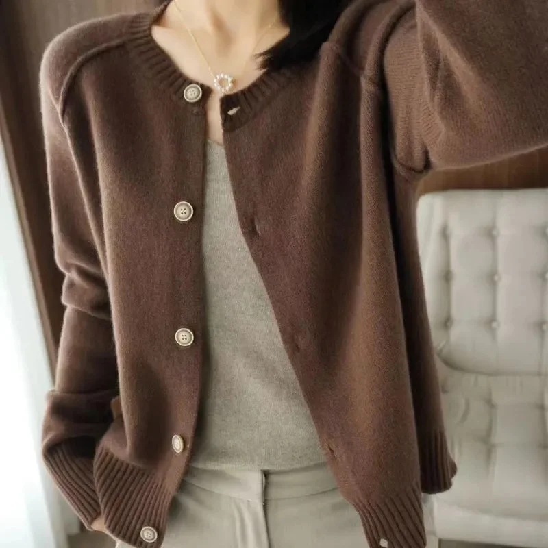 

Women O-Neck Cashmere Cardigan 100% Merino Wool Sweater Basic Style Buttoned Knitwear Female Casual Autumn Winter Soft Tops