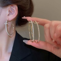 Luxury Rhinestone Cross Hoop Earrings For Women Exaggerated Big Circle Geometric Statement Earrings Wedding Jewelry Gift