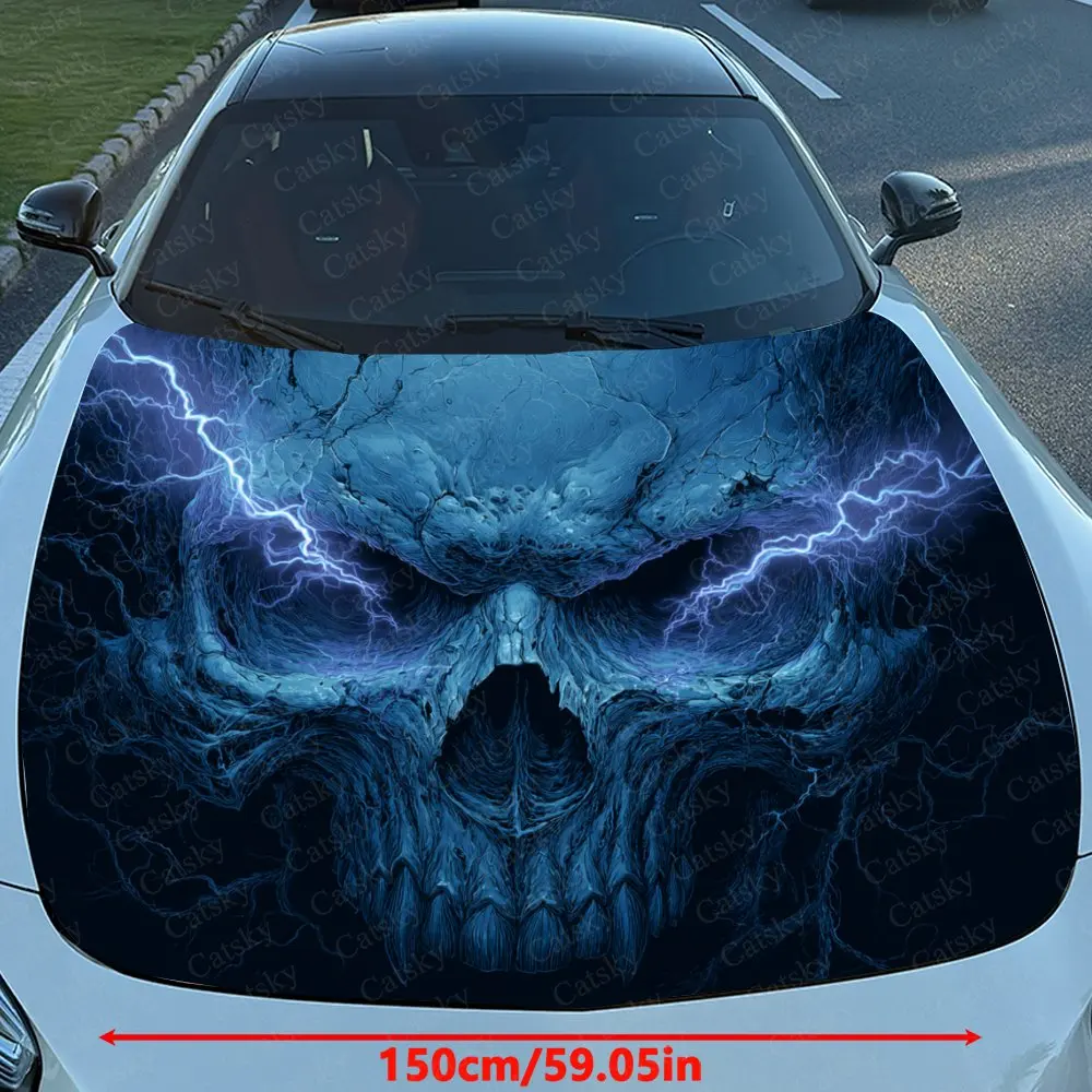 Blue Lightning Skull Car Hood Sticker, Premium Vinyl Sticker For Automotive Exterior Customization, Durable PVC Vinyl Wrap