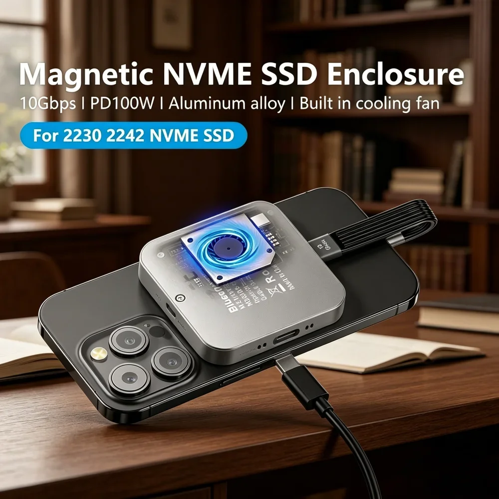 

Magnetic M.2 2230 2242 NVMe SSD Enclosure with Cooling Fan, 100W PD Fast Charging, Type-C PCIe SSD Case Compatible with IPhone