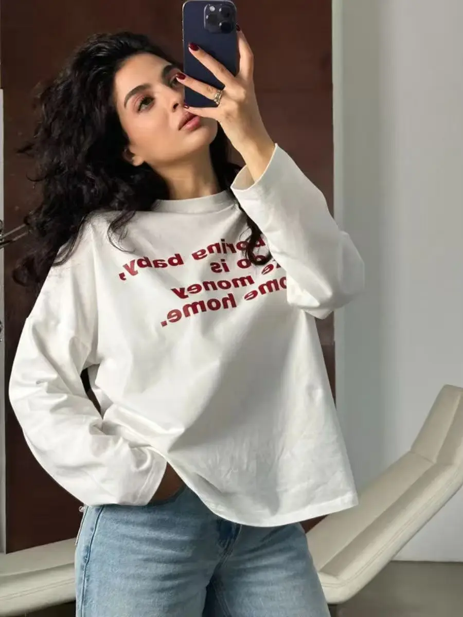 White Red Letter Printing Simple Design Long Sleeve T Shirt Women Sweatshirt O Neck High Street American Fashion Tshirts Autumn