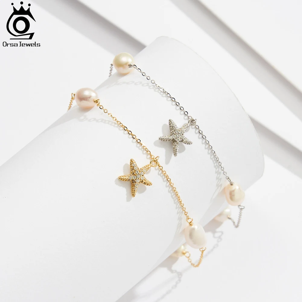 ORSA JEWELS Natural Freshwater Pearl and Starfish 925 Sterling Silver Chain Ankelt for Women Summer Holiday Anklets Jewelry SA74