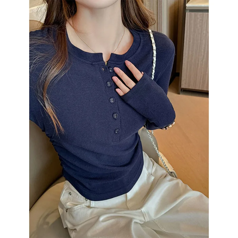 Women Autumn Round Collar Ribbed T-shirts Korean Chic Slimming Long Sleeved Tees Tops Solid Half Open Buttons-up T Shirt Woman