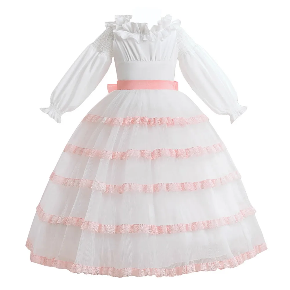 

Elegant Girls Luxury Party Dress Lace Bow Carnival Pageant Prom Gown For Kids Children Full Sleeves Tulle Ball Gown Evening Wear