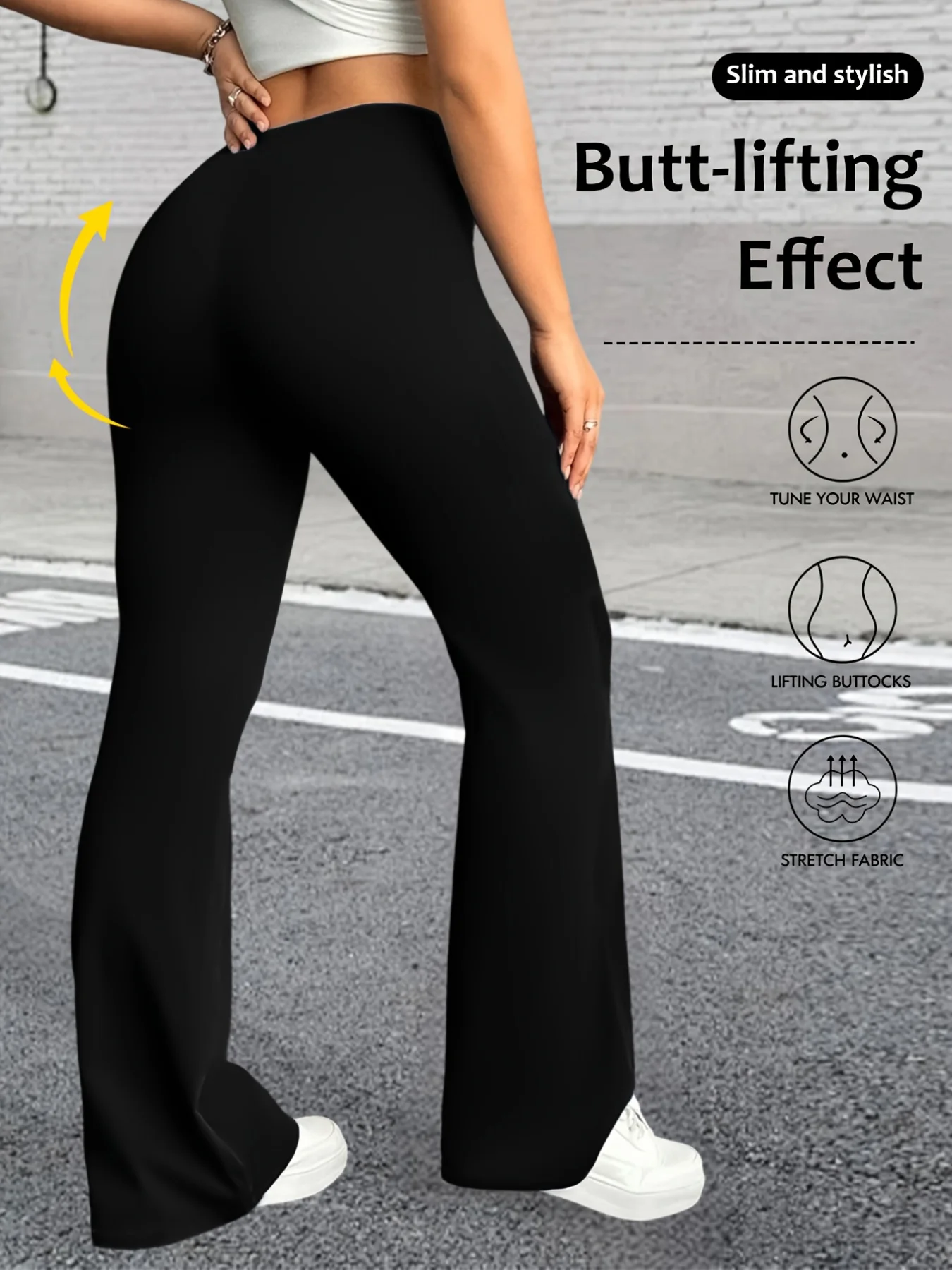 순수한 검정색 여성용 벨바텀 팬츠, 하이웨이스트 탄력 슬림핏, 홈 레저, 스포츠, 요가에 적합