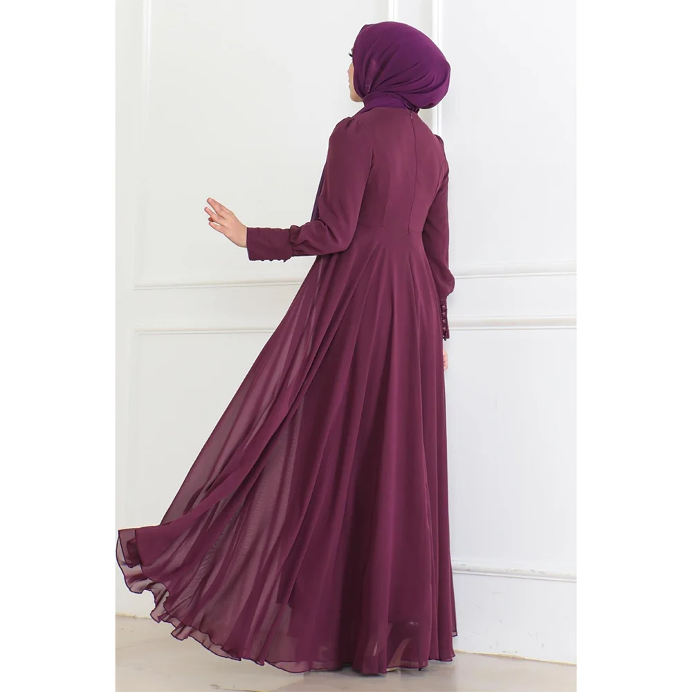 Customized Long Sleeves Long Evening Dresses Elegant Formal Occasion Prom Gowns Chiffon A-line High Collar Prom Dresses