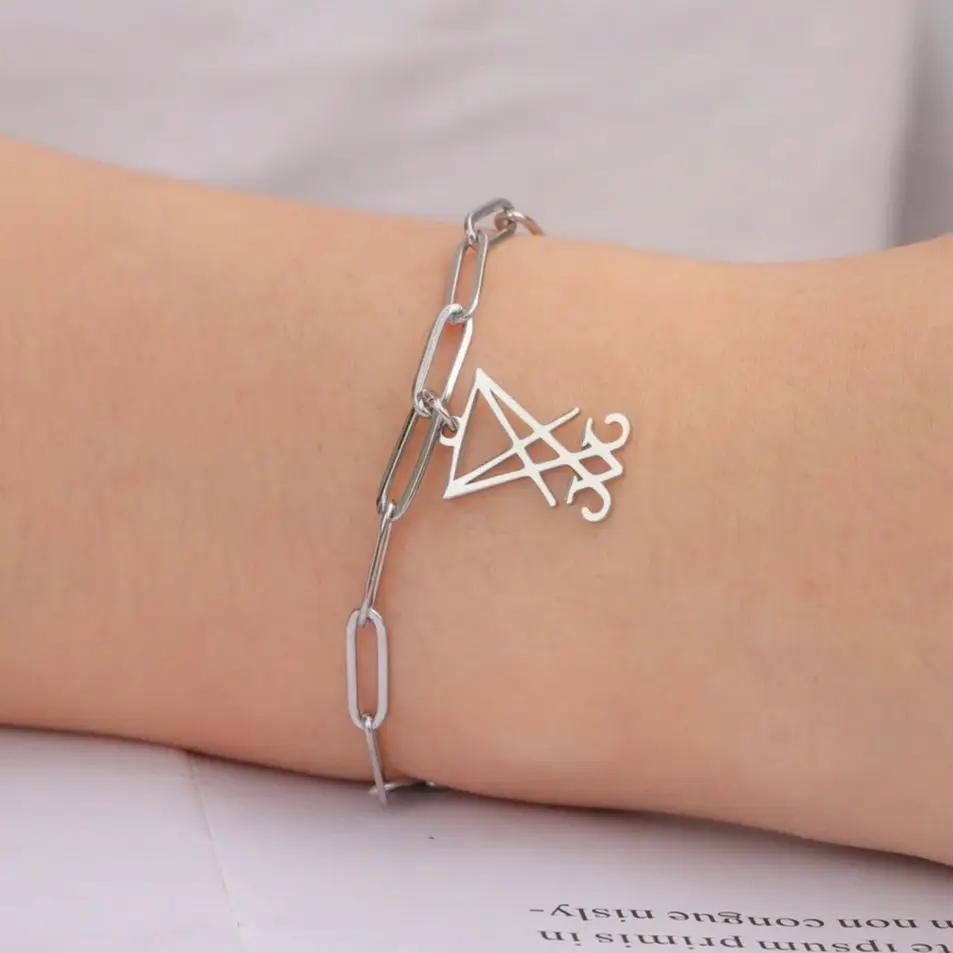 LIKGREAT Sigil Of Lucifer Bracelet for Women Men Satan Symbol Pendant Stainless Steel Gothic Satan Cross Religious Amulet Gift