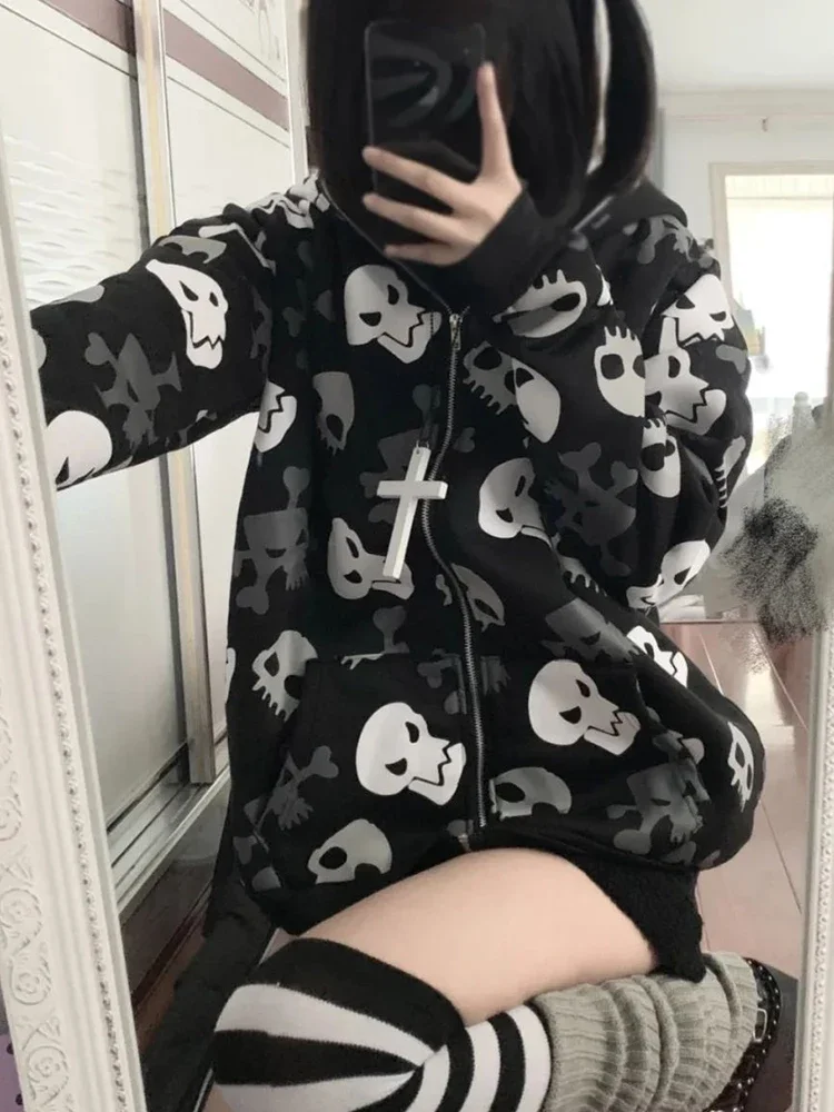 INSCUTEE Harajuku Y2k Skull Sweatshirt Women Dark Gothic Cyber Punk Long Sleeve Zipper Cardigan Hoodie Streetwear Rave Outfits