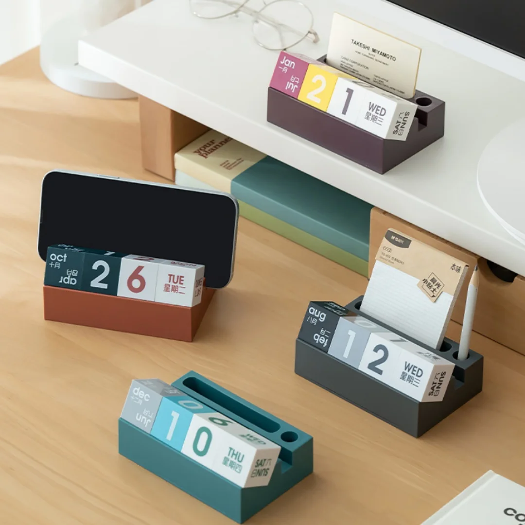 

Desktop Ornament Perpetual Calendar Date Week Month DIY Square Block Office Desk Decoration Pen Phone Business Card Holder