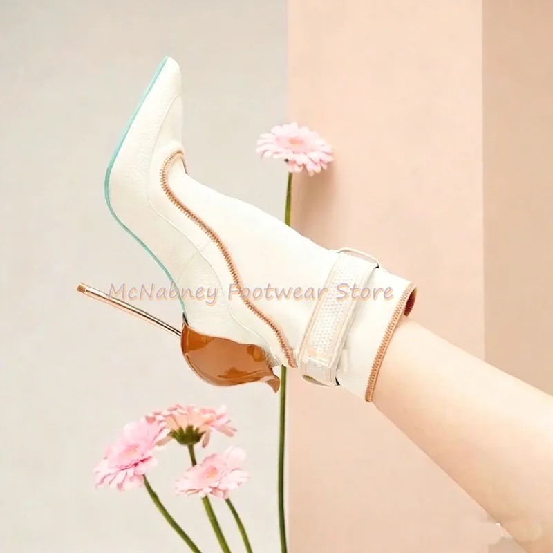 

Two-Tone Leather Crystal Decorations Burgundy High Heels Pointed-Toe Super High Stiletto Heels Boots Handmade Luxury Boots