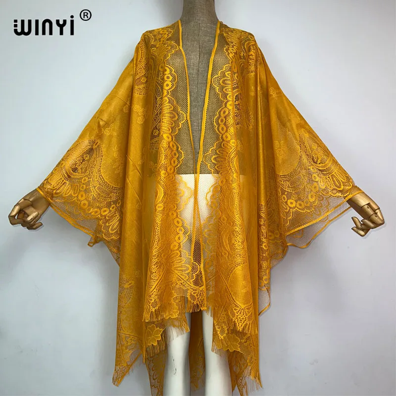 WINYI 2023 África Biquíni Cover-ups Boêmio Monocromático jacquard casaco Mulheres Verão maxi Perspectiva sexy beach cover up