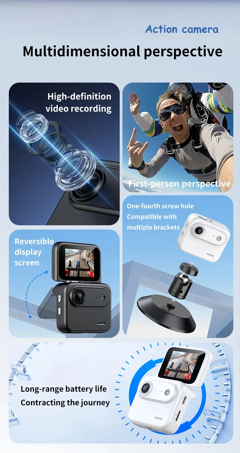 Action Camera Recorder Flip Screen 4K HD Ultra Clear Recording VLOG Anti Shake 143 ° Wide-angle Helmet Outdoor Mini Cam