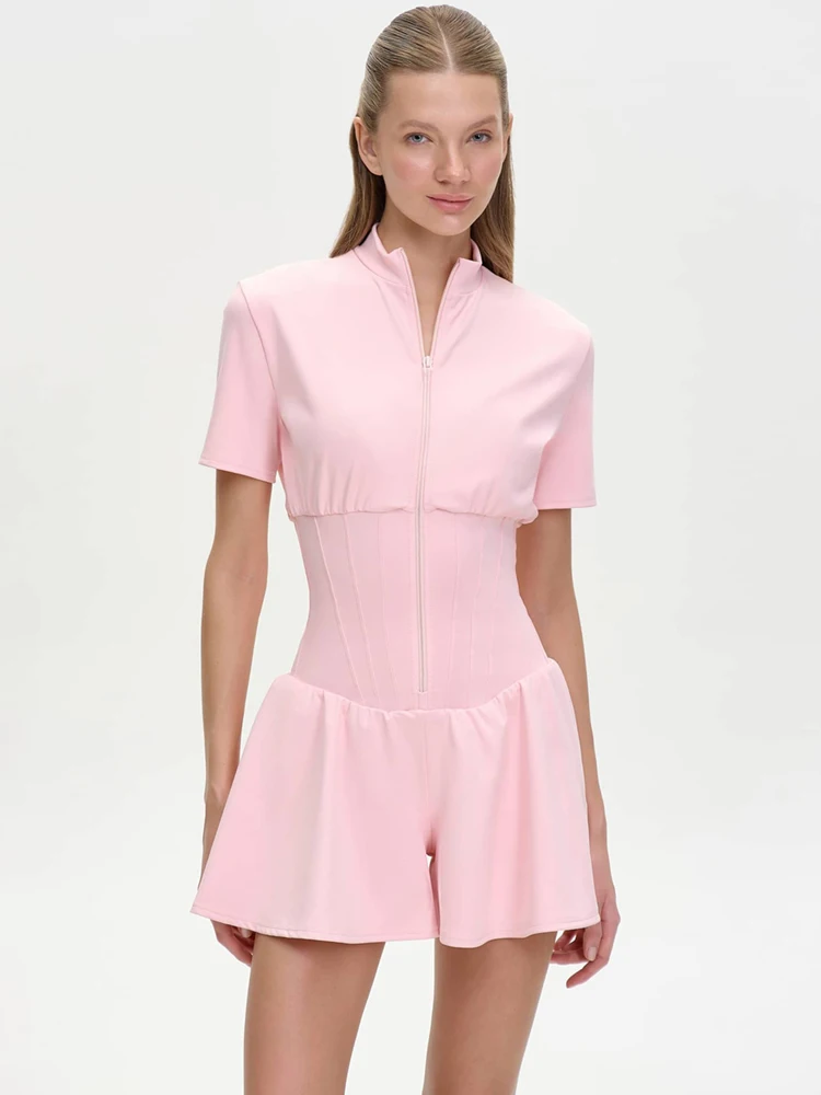 

Sibybo Fashion Round Neck Zippers Women Playsuits Solid Short Sleeve Cinched Waist Draped Spring Casual Club Streetwear Outfits
