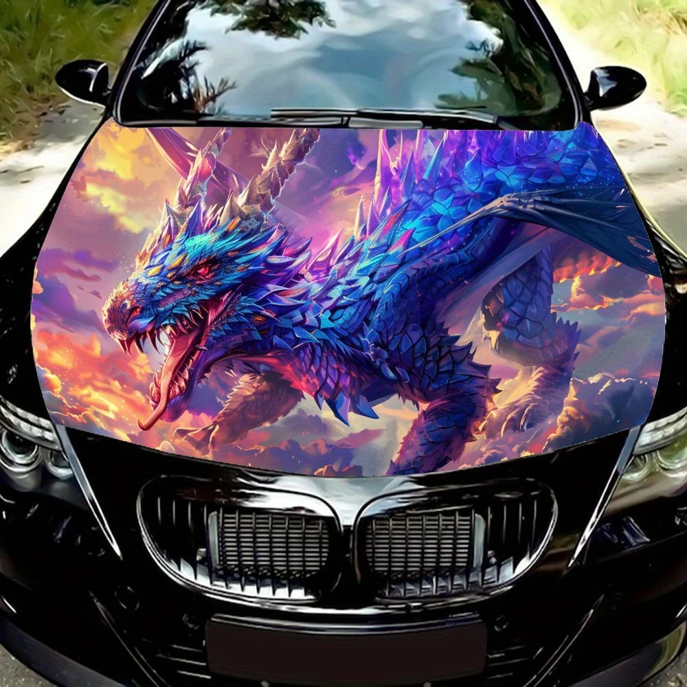 

Roaring Blue Scaled Giant Dragon in the Clouds Car Vinyl Wrap, PVC Waterproof Car Hood Sticker, Self-Adhesive Scratch-Resistant