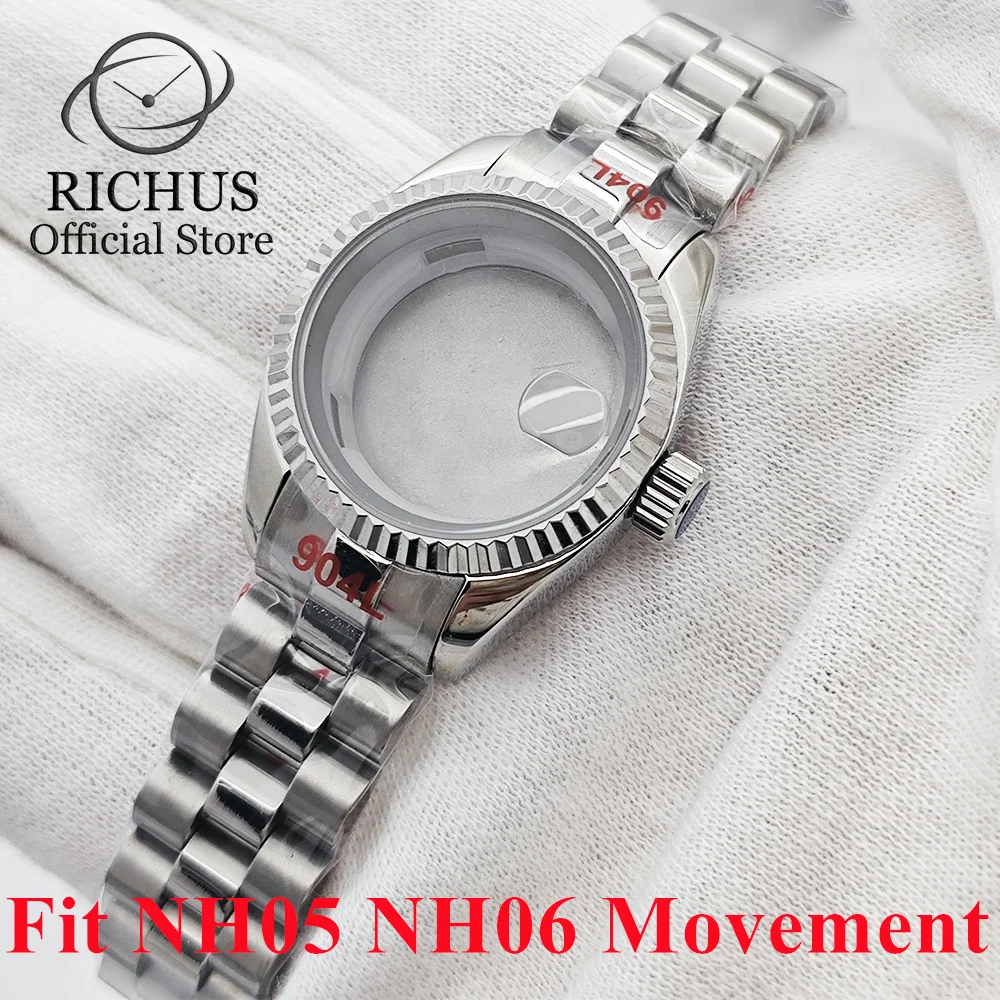 RICHUS 26mm/31mm Silver Gold RoseGold Stainless Steel Watch Case Sapphire Crystal Fit NH05 NH06 Movement Watch Accessories Parts