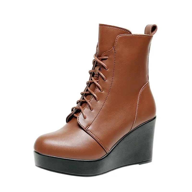 10cm Small Size 33-43 Vintage Thick Bottom Platform Wedges Boots Winter 2025 Women\'s High Heels Ankle Motorcycle Boots Office