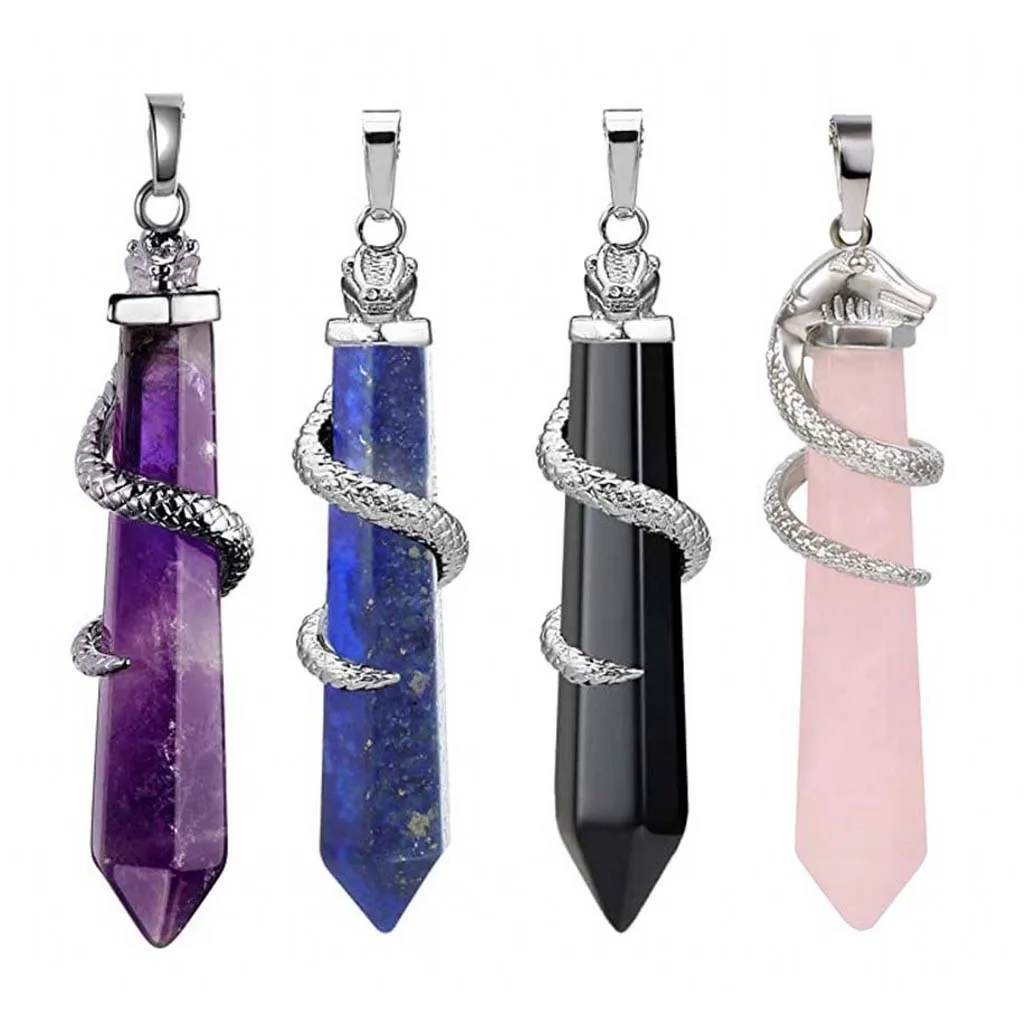 Snake Wrapped Crystal Hexagon Column Stone Pendulum Pendants For Dowsing Divination Natural Amethyst Quartz Opal Pendant Jewelry