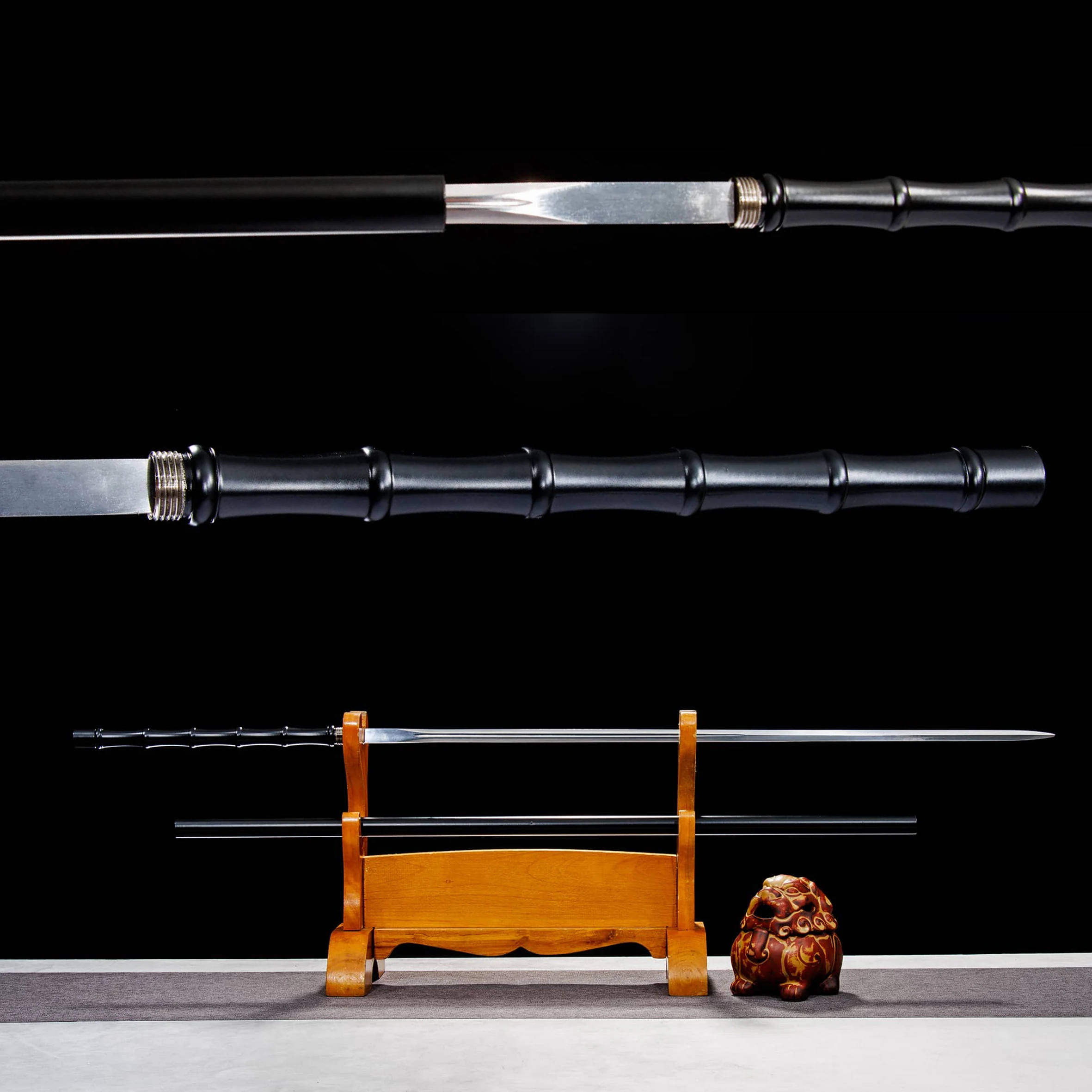 Ink Bamboo Pattern Walking Stick Sword, Reversible Assembly Carbon Steel  Real Blade Saya Martial  Staff sword Arts Unsharpened
