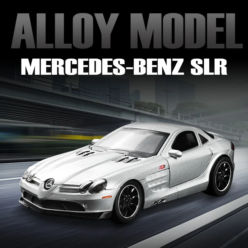 

Модель автомобиля Mercedes Benz SLR из сплава металла в масштабе 1:32, двери, передний капот и багажник открываются, со звуковыми и световыми эффектами.