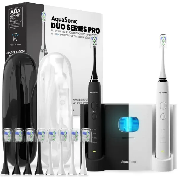 AquaSonic DUO PRO – Ultra Whitening 40,000 VPM Electric ToothBrushes – ADA Accepted - 4 Modes with Smart