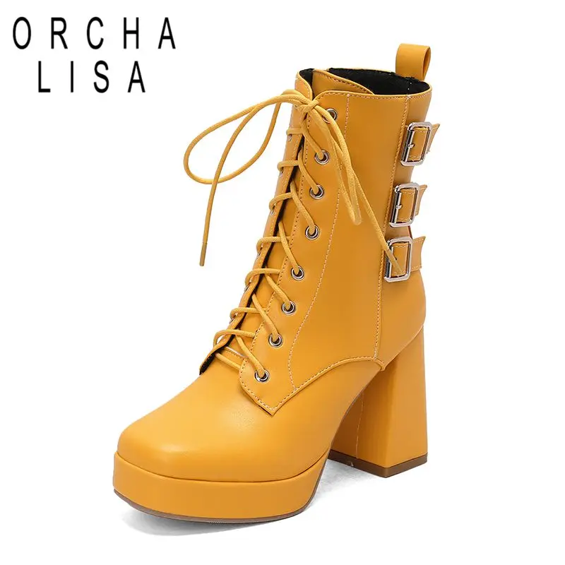 

ORCHA LISA Роскошные женские ботильоны с круглым носком на блочном каблуке 9,5 см, платформа 2,5 см, застежка-молния, шнуровка, пряжки ремня, большие размеры 48 49 50