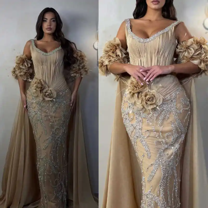 

Elegant Prom Gown V-Neck Evening Dress Crystal Beads Party Prom Dresses Flowers Sleeve Bridal Gowns Robes De Mariée Customized