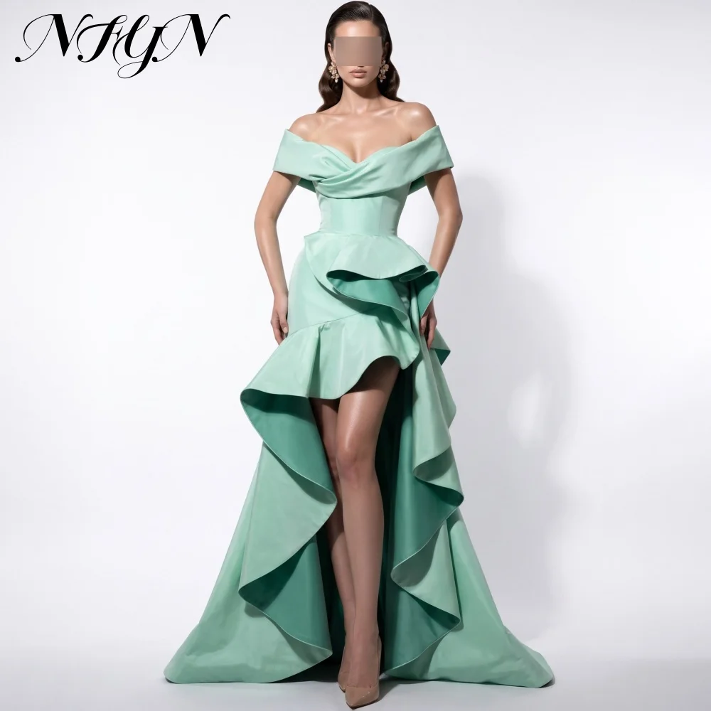 NFYN Sophisticated Mint Off Shoulder Evening Dress Satin Ruffle High Low Prom Gown Long Train Slit Full Party Dresses Customized