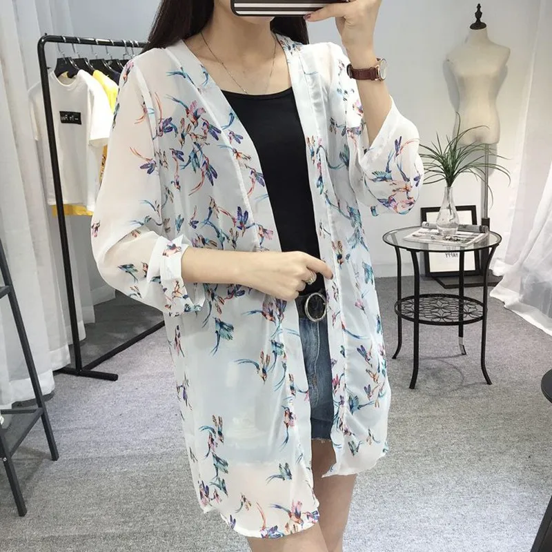 Summer Beach Cover Up Long Tops Women Chiffon Kimono Cardigan Floral Printed Long Sleeve Blouse Boho Loose Ladies Shirts