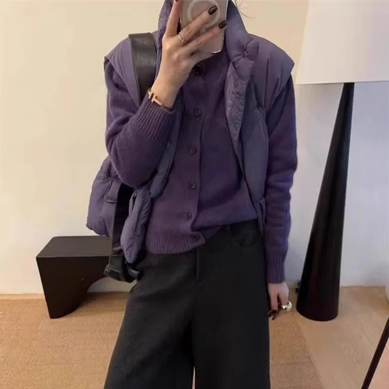 

Вязаный кардиган из чистого кашемира во французском стиле с высоким воротником для женщин, осенне-зимний свободный свитер с шерстяным базовым пальто