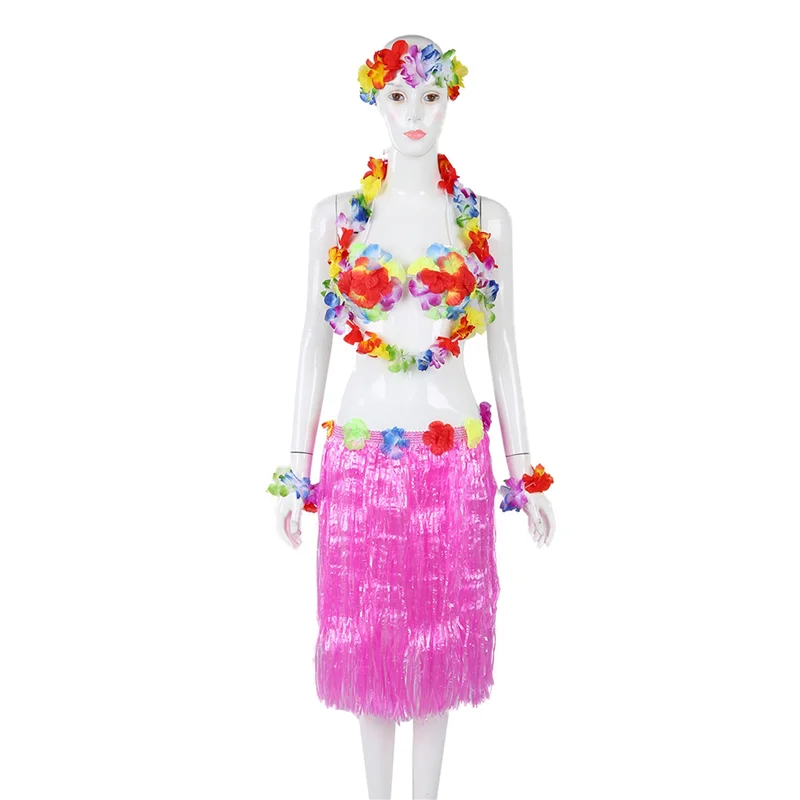 ABRT-18 Set Hawaiianischer Grasrock Blume Hula Lei Armband Girlande Kostüm – Rosa