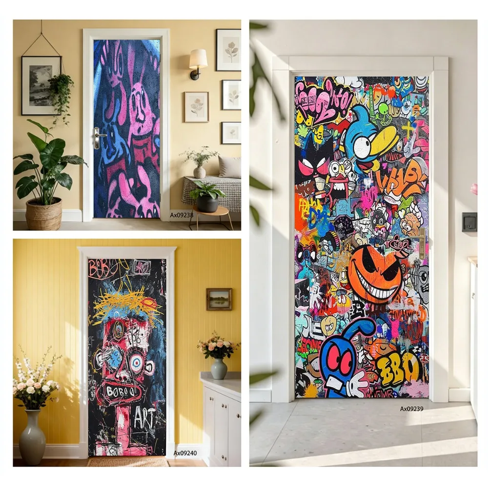 Vibrant Street Art Pop Culture Door Sticker Full Door Covered Wallpaper Self-adhesive Sticker for Wall Decals Home Decoration