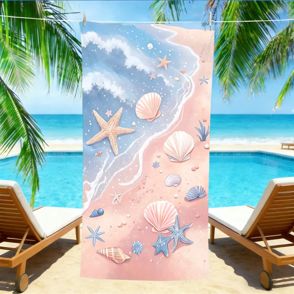 Dreamy Pink Beach Towel – Oversized Quick Dry Sand Free with Starfish & Seashell Print