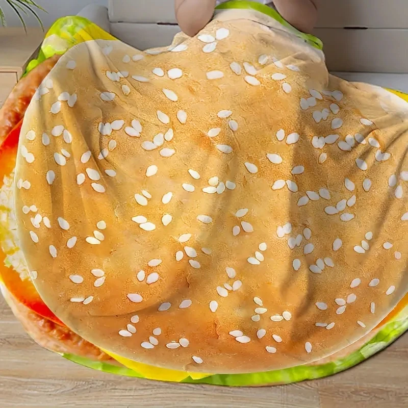 1pc Hamburger Print Blanket, Funny Food Flannel Round Blanket, Soft Warm Throw Blanket Nap Blanket For Couch Sofa Office Bed Cam