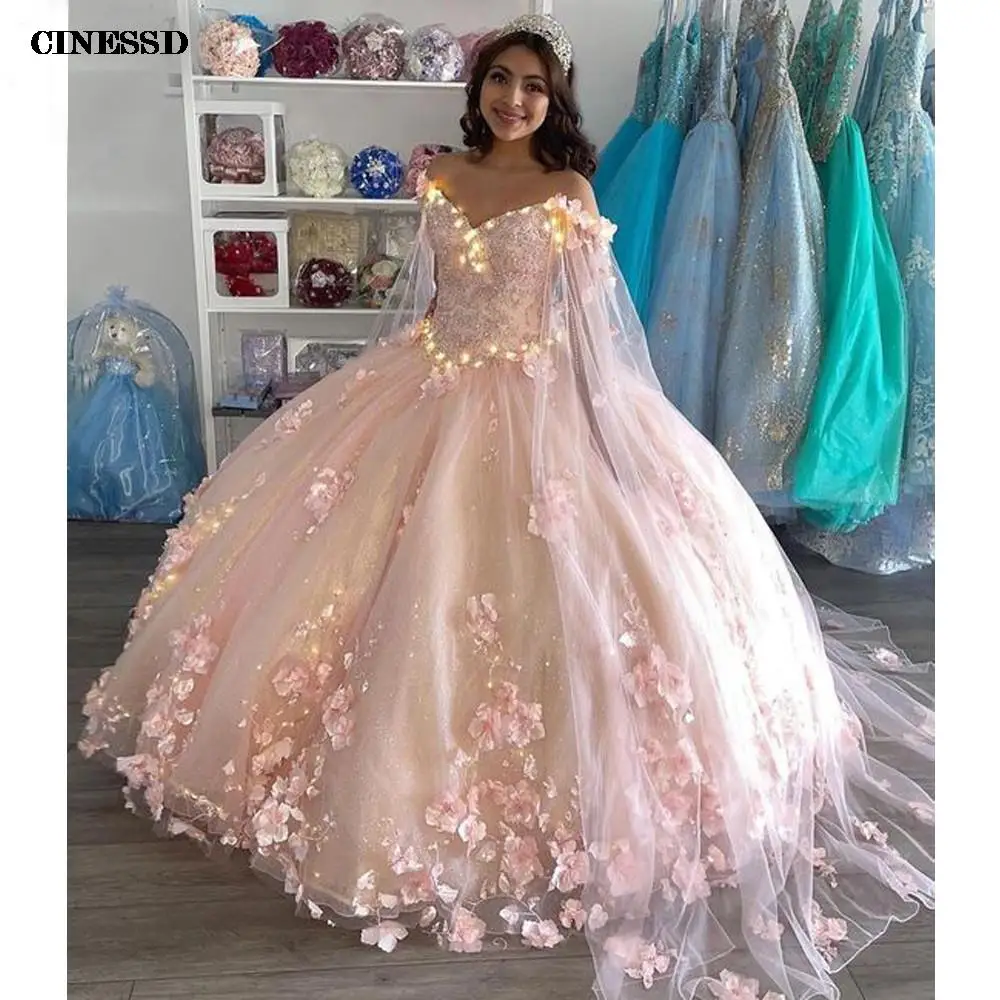 

Quinceanera Dress with Cape Wrap Appliques Sequins Flowers Party Sweet 16 Gown Vestidos De 15 Años XV