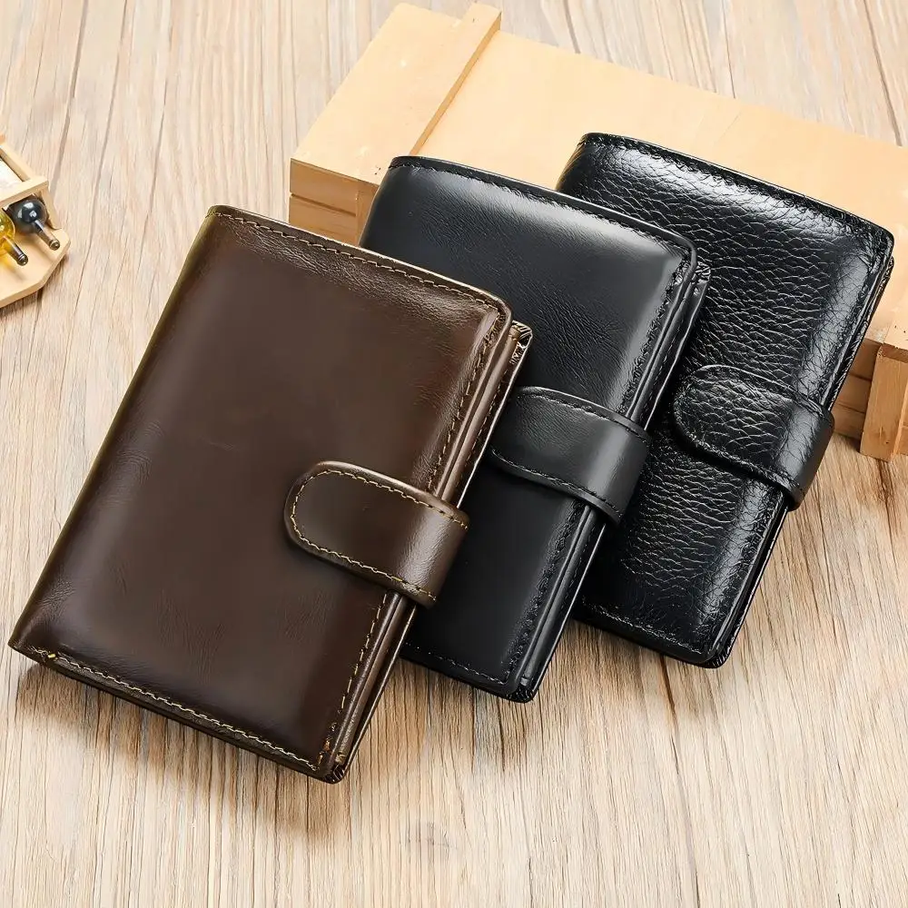 RFID Blocking Men Wallet Top Grain Cowhide Retro Trifold Multi Card Slots Coin Pocket Snap Closure Large Capacity Purse