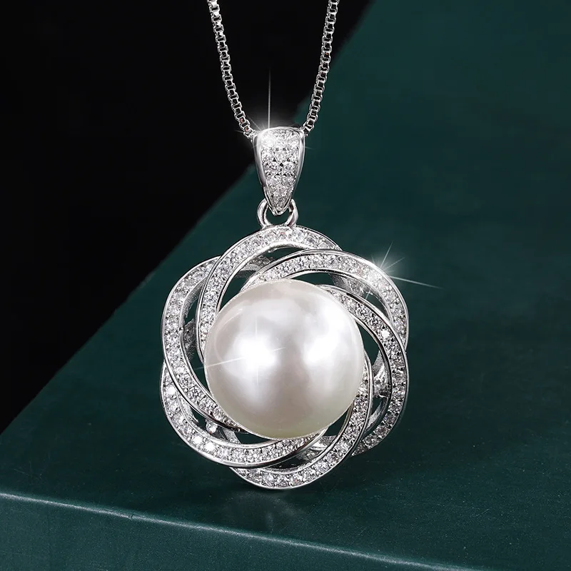 Jewelry Copper Plated Real Gold Inlaid Aobei Mother Pearl Lace Style Temperament Diamond Pendant Necklace 14mm