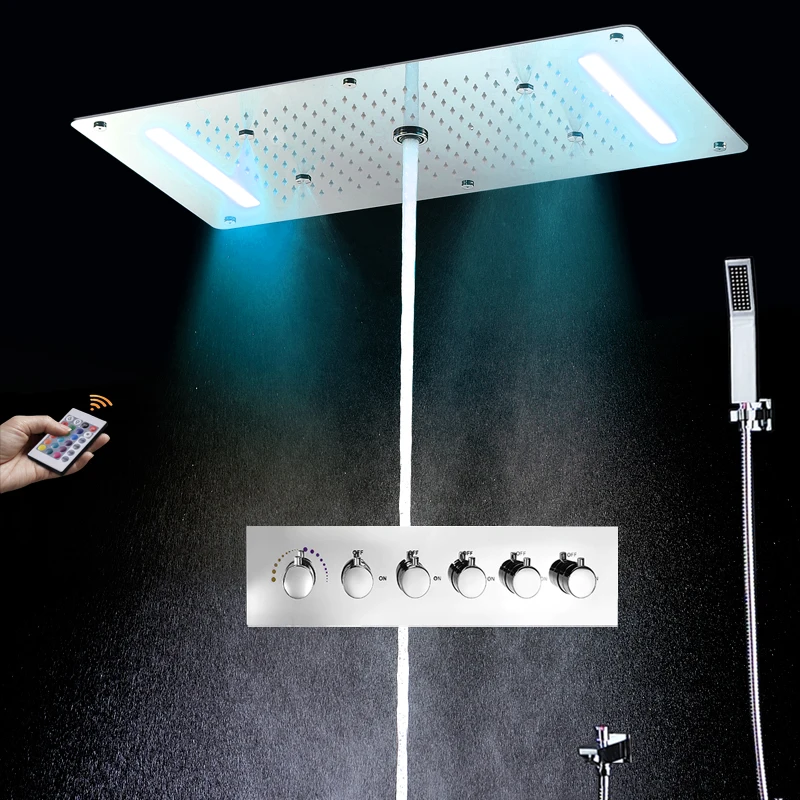 

Luxury 5 Funtcions LED Shower System Thermostatic Faucets High Flow Rain Mist Waterfall Column Showerhead 700x380mm