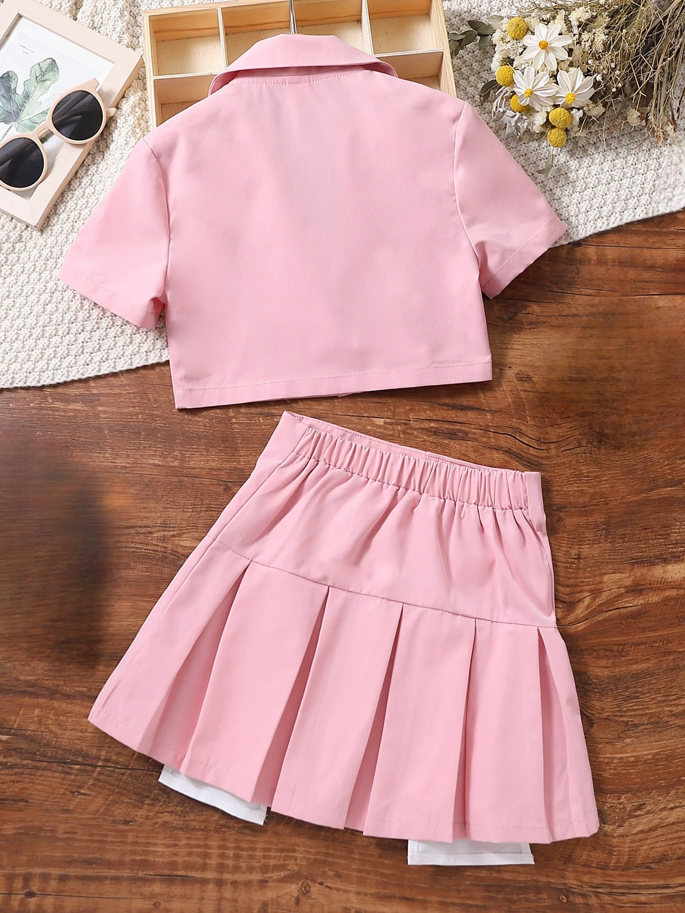 Fashion summer girl niche chic small suit jacket solid color pleated skirt A-line high-waisted I-line skirt two-piece set