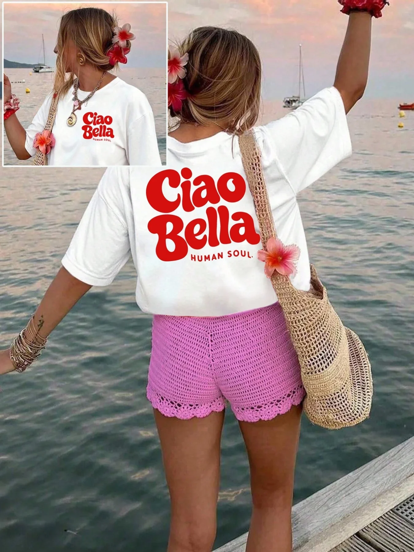 Double Sided Ciao Bella Women's T-shirt Trendy Back Graphic Streetwear Tee Summer Fashion O-Neck Pullover Top Women's Clothing