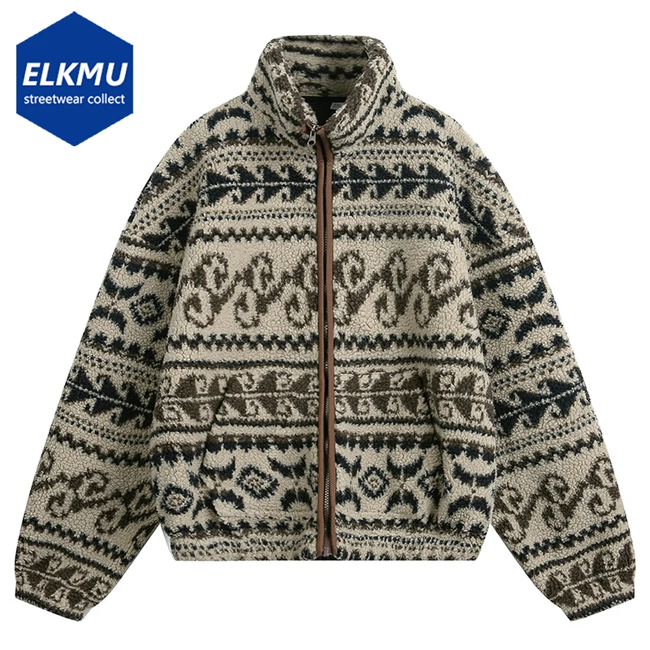 

Streetwear Vintage Fleece Jackets National Sytle Oversized Fluffy Fuzzy Jackets Zipper Coats Harajuku Hip Hop Men Jackets