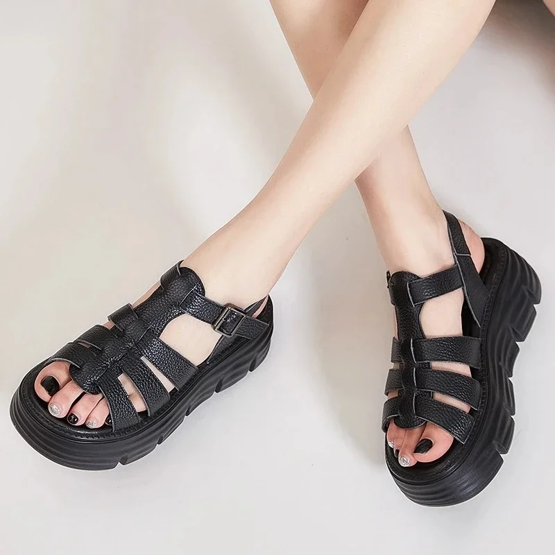 Women Sandals Summer Shoes Genuine Leather Roman Style Concise Open Toe Buckle Strap Wedges Platform Sandals Lady