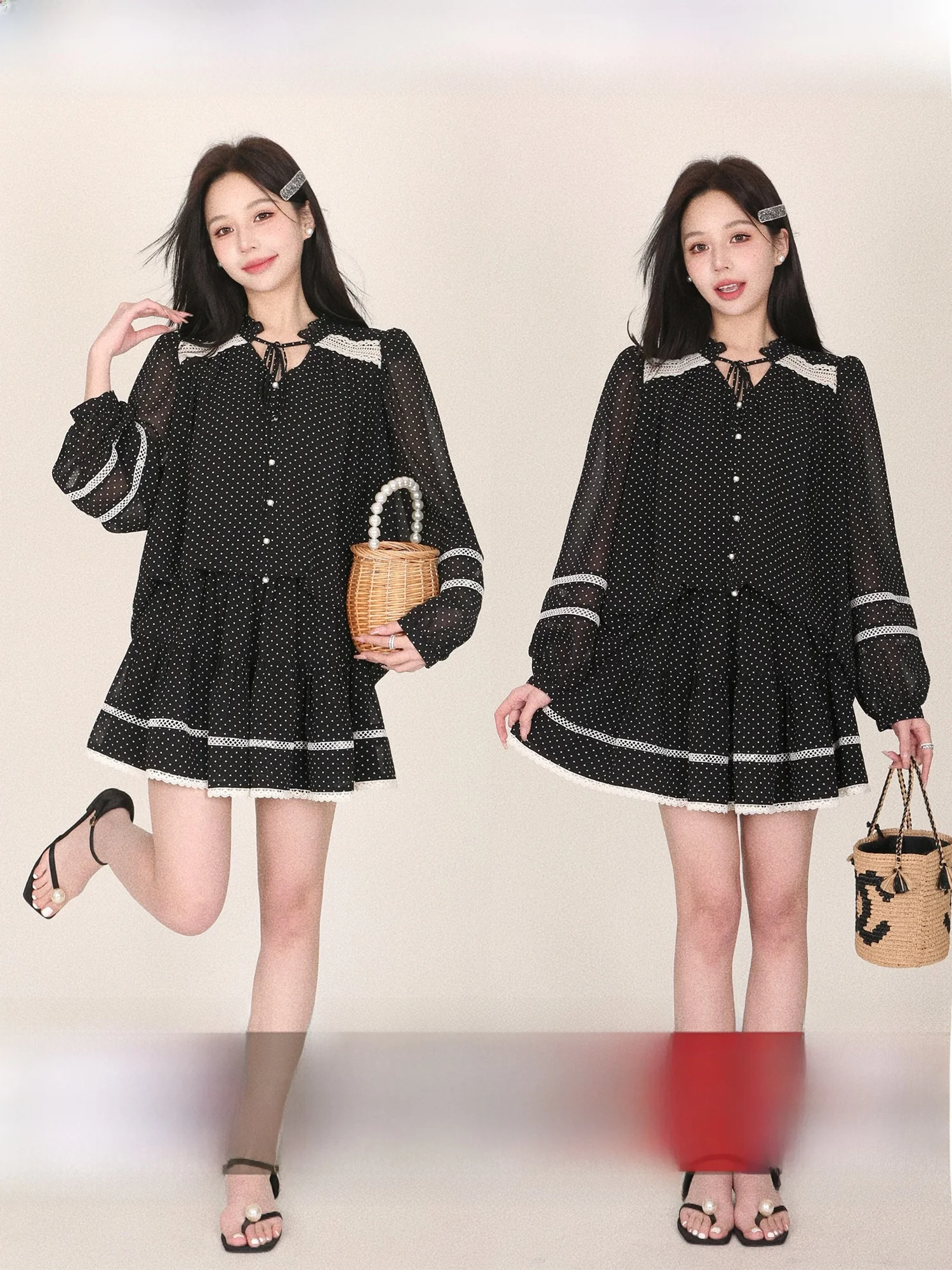 

Комплект DALU: топ из шифона в горошек и юбка с эластичным поясом, дизайн с цветовыми блоками, модный женский весенний наряд