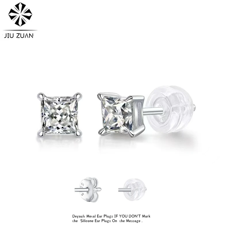 JIUZUAN D Color Moissanite Stud Earrings For Women Square Cut Top Quality  18K 925 Sterling Silver Sparkling Wedding Jewelry