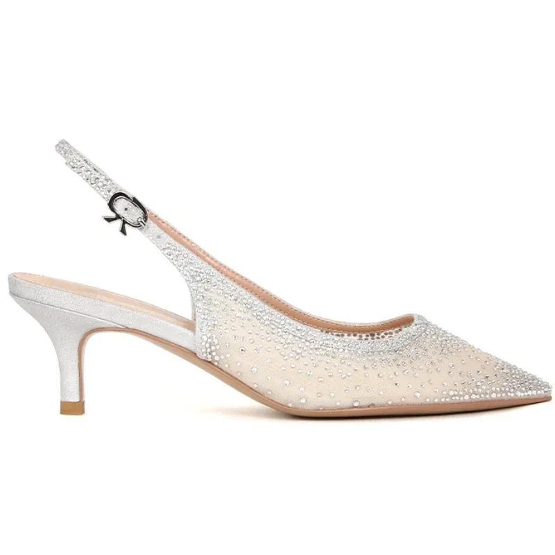 مثير Slingback شبكة الراين تصميم النساء الكعوب الصنادل الكاحل Stapes أشار تو فارغة الظهر عالية الكعب فستان الحواف الأحذية